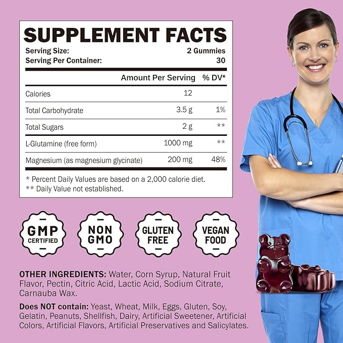 L Glutamine 1000mg Gummies - Muscle Relief & Immune Support, Amino Acid Supplement with Magnesium Glycinate, Vegan & Non-GMO, Gluten Free (120 Count)