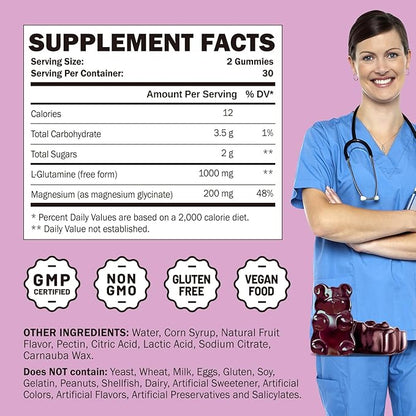 L Glutamine 1000mg Gummies - Muscle Relief & Immune Support, Amino Acid Supplement with Magnesium Glycinate, Vegan & Non-GMO, Gluten Free (120 Count)