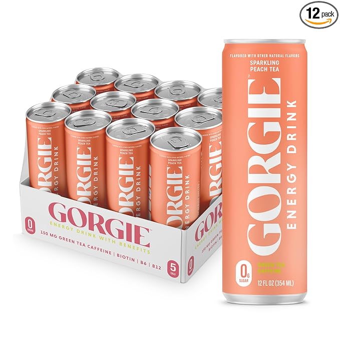 GORGIE Sugar Free Natural Energy Drinks, Sparkling Peach Tea (12 Pack) - Healthy Energy Drinks - Natural Coffee Replacement with Green Tea Caffeine and Biotin - 150mg Caffeine, Vegan, & Low Calorie