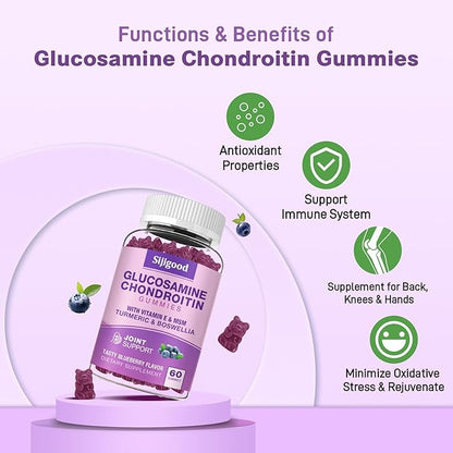 Glucosamine Chondroitin Gummies, Extra Strength Glucosamine Chondroitin MSM with Elderberry & Turmeric Supplement Support Joint & Antioxidant- 60 Blueberry Flavored Gummies