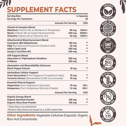 2326 MG Mitochondrial Supplements with ATP, Vitamins, CoQ10 & PQQ, More Effective Than Creatine HMB & Nitric Oxide, Energy, Endurance, Strength, Recovery & Muscle, Organic, 120 Capsules