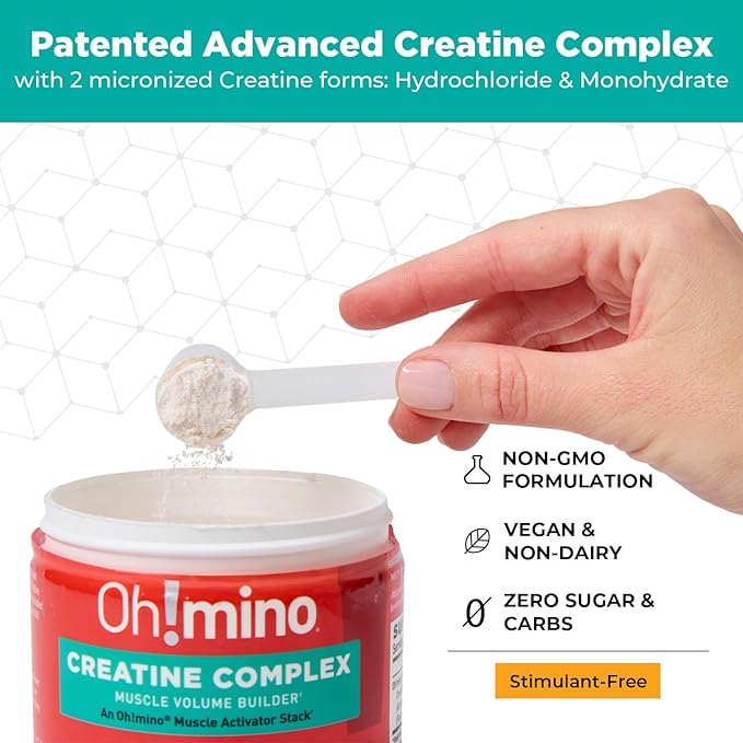 Oh!mino Patented Creatine Complex Supplement: Vegan, Sugar Free, Non-GMO & Gluten Free - Patented Formula: Pre & Post Workout Creatine, Micronized Powder, Lemon Lime Flavor (40 Servings)
