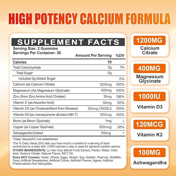 Calcium 1200 mg with Vitamin D3 Gummies for Adults - Calcium Citrate with Vitamin D3 K2, Magnesium, Zinc, Boron, Copper and Ashwagandha - Extra Absorption Calcium Supplement for B0ne, Muscle, Immune