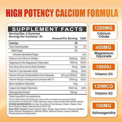 Calcium 1200 mg with Vitamin D3 Gummies for Adults - Calcium Citrate with Vitamin D3 K2, Magnesium, Zinc, Boron, Copper and Ashwagandha - Extra Absorption Calcium Supplement for B0ne, Muscle, Immune