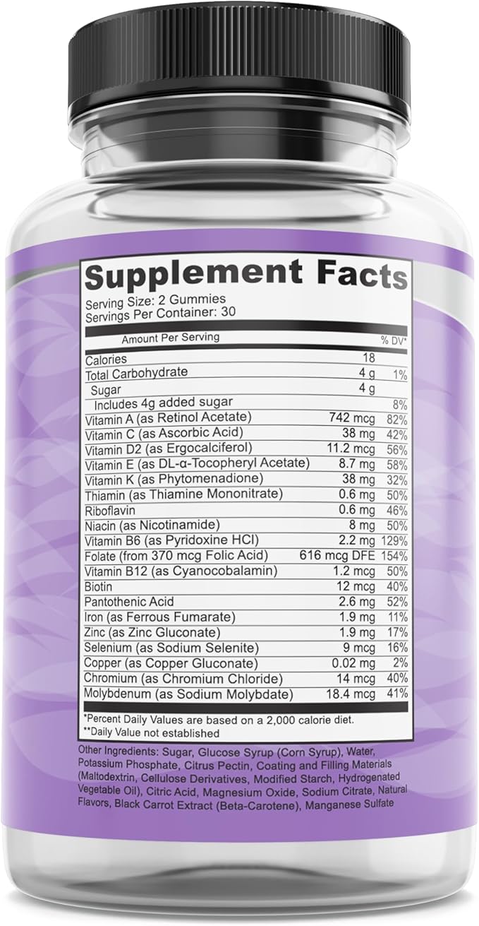 Pure By Nature Mega Multi Gummies, Natural Flavored Multi Vitamin Gummies for Women & Men, Dietary Supplement, Multivitamin for Men with Vitamins A, D2, C, E, K, Biotin, Folic Acid (60 Count)