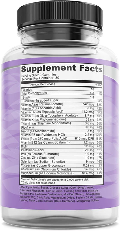 Pure By Nature Mega Multi Gummies, Natural Flavored Multi Vitamin Gummies for Women & Men, Dietary Supplement, Multivitamin for Men with Vitamins A, D2, C, E, K, Biotin, Folic Acid (60 Count)