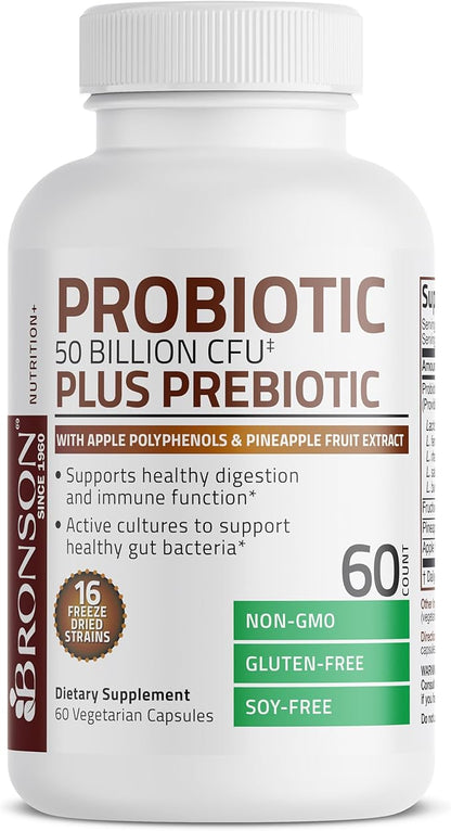 Bronson Probiotic 50 Billion CFU + Prebiotic with Apple Polyphenols & Pineapple Fruit Extract for Women & Men Non-GMO, 60 Vegetarian Capsules