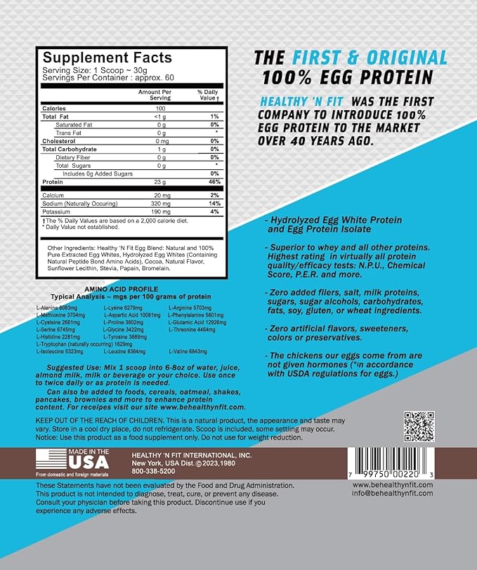 Healthy 'N Fit 100% Egg Protein- Chocolate (4lb): 100% Egg White Protein. Zero Lactose, Zero Sugar.- Ultra Pure, Natural Egg Protein Isolate
