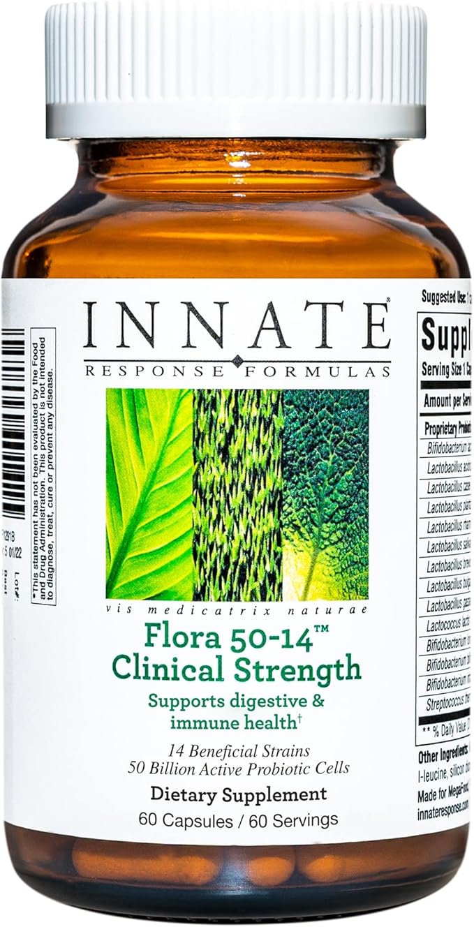 INNATE Response Formulas Flora 50-14 Clinical Strength - Probiotic Supplement with 50 Billion CFU - 14 Probiotic Strains - Vegan and Non-GMO - Made Without 9 Food Allergens - 60 Capsules