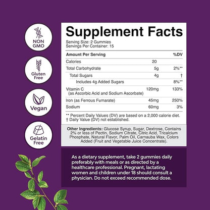 Extra Strength Iron Gummies for Women and Men - Potent 45mg per Serving Chewable Iron Supplement for Women and Men with Vitamin C for Higher Absorption - Vegan Daily Iron Gummy No Artificial Flavors