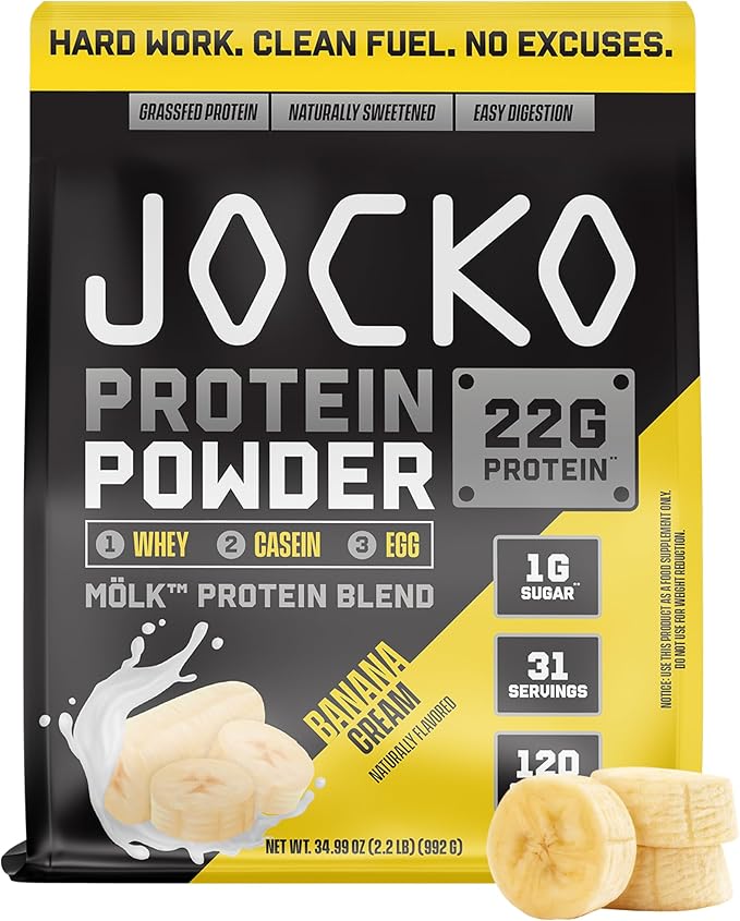 Jocko Mölk Whey Protein Powder 22g Sugar Free Monk Fruit Blend - Muscle Recovery & Growth, Packaging May Vary (31 Servings, Banana Cream)