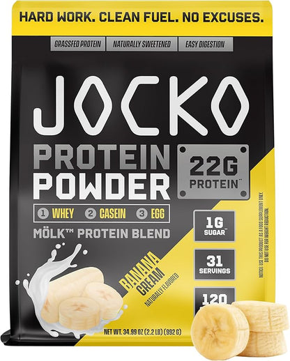 Jocko Mölk Whey Protein Powder 22g Sugar Free Monk Fruit Blend - Muscle Recovery & Growth, Packaging May Vary (31 Servings, Banana Cream)