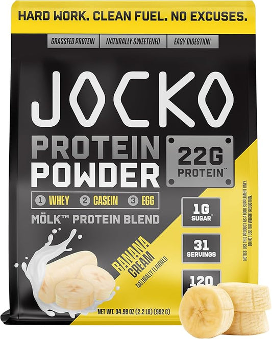 Jocko Mölk Whey Protein Powder 22g Sugar Free Monk Fruit Blend - Muscle Recovery & Growth, Packaging May Vary (31 Servings, Banana Cream)
