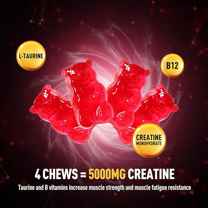 Creatine Monohydrate Gummies - 5g Creatine Monohydrate for Women & Men, L-Taurine, B12, Creatine Chews for Muscle Growth, Increase Strength and Build Muscle, Mixed Berry Flavor 120 Count