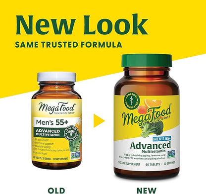 MegaFood Men's 55+ Advanced Multivitamin for Men - Doctor-Formulated -Choline, Vitamin D, Vitamin B12 – Plus Real Food – Brain Health Supplement for Adults & Immune Support - 120 Tabs (60 Servings)