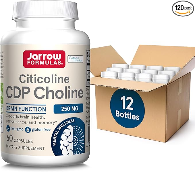 Jarrow Formulas CDP Choline Capsules, 250 mg Dietary Supplement for Memory and Brain Health, 60 Veggie Capsules, 60 Day Supply(Pack of 12)