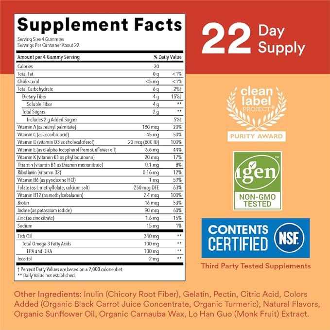 SmartyPants Kids Multivitamin Gummies and Fiber Supplement: Omega 3 Fish Oil (EPA/DHA), Vitamin D3, C, Vitamin B12, B6, Vitamin A, Zinc, Fiber Gummies, Three Fruit Flavors, 90 Count (22 Day Supply)