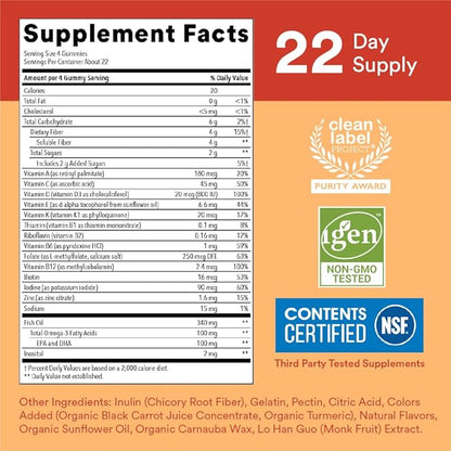 SmartyPants Kids Multivitamin Gummies and Fiber Supplement: Omega 3 Fish Oil (EPA/DHA), Vitamin D3, C, Vitamin B12, B6, Vitamin A, Zinc, Fiber Gummies, Three Fruit Flavors, 90 Count (22 Day Supply)