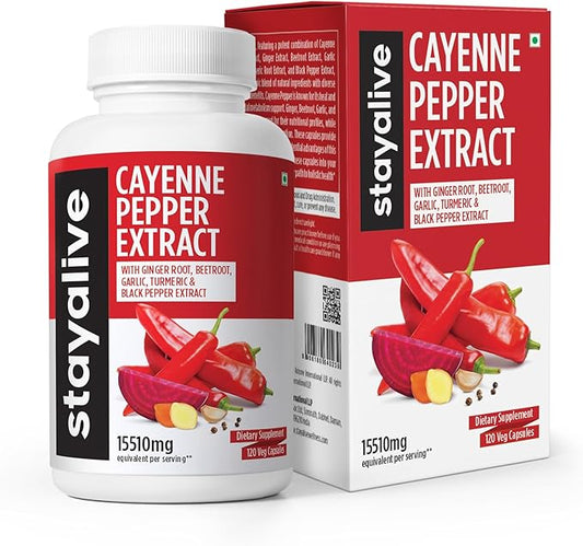 Stay Alive Cayenne Pepper 8000mg, Ginger 1500mg, Garlic 1500mg, Turmeric 1500mg, BeetRoot 3000mg, Black Pepper, 120 Cayenne Capsules, Support Cardiovascular & Immune System, Capsaicin Supplement Pills
