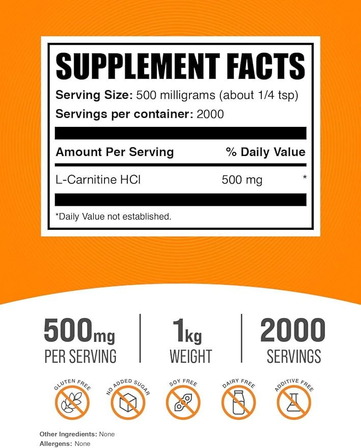 BulkSupplements.com L-Carnitine HCl Powder - Carnitine Supplement, Carnitine Powder, L-Carnitine 500mg - Unflavored & Gluten Free, 500mg per Serving, 1kg (2.2 lbs) (Pack of 1)