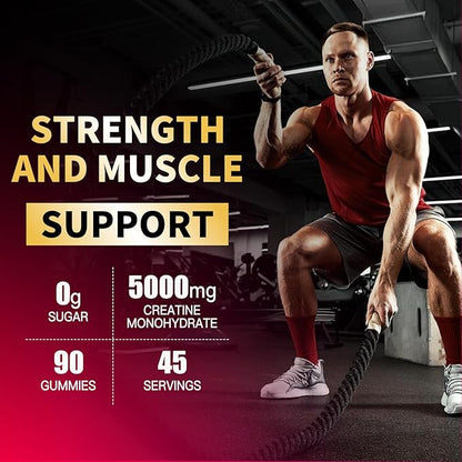 Creatine Monohydrate Gummies for Men & Women-5g of Creatine Monohydrate per Serving - Sugar Free,Vegan, Strawberry Flavor, 180 Count-2pack.