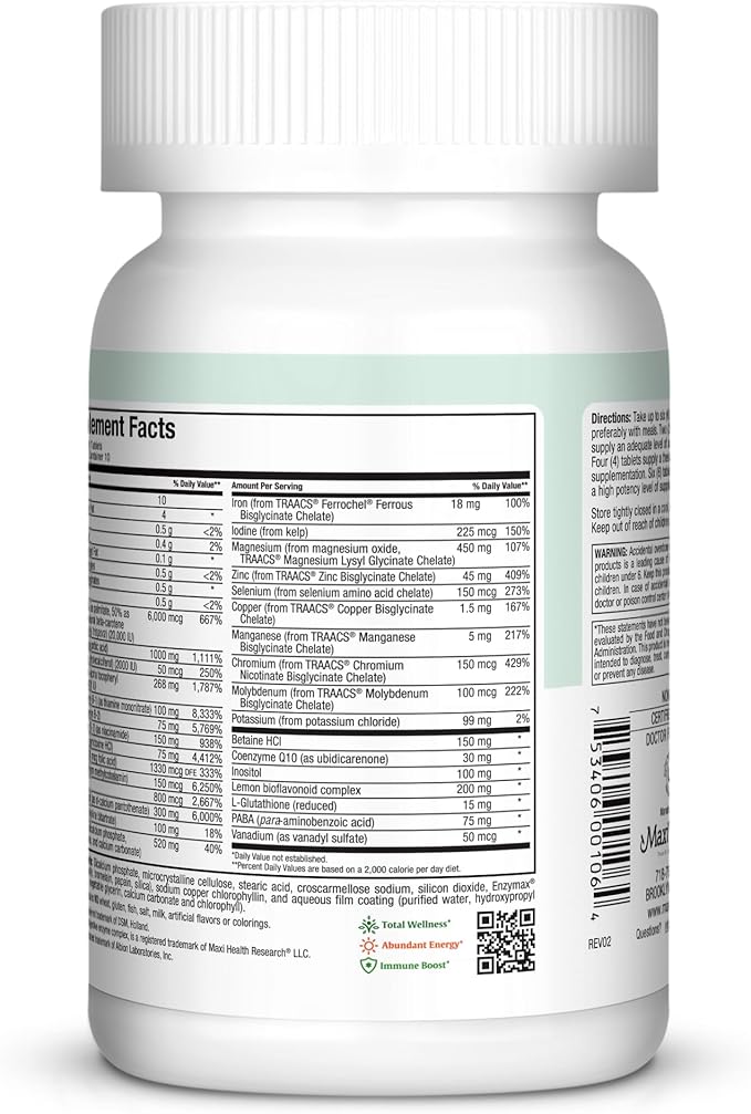 Maxi Health Supreme High Potency Multivitamin & Mineral for Wellness, Immune Boost & Antioxidant Defense, Includes Vitamin A, Vitamin C, Vit D and E, Vitamin B12, B6, Biotin, Selenium, Zinc, Inositol…