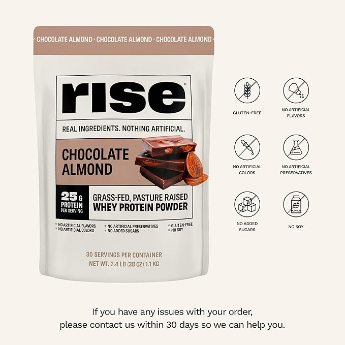 Rise Grass-Fed Whey Protein Powder - Sample Chocolate Almond | 25g Protein No Artificial Flavors, Colors, or Preservatives - Sugar Free, Gluten-Free, Soy Free (Single Serving)