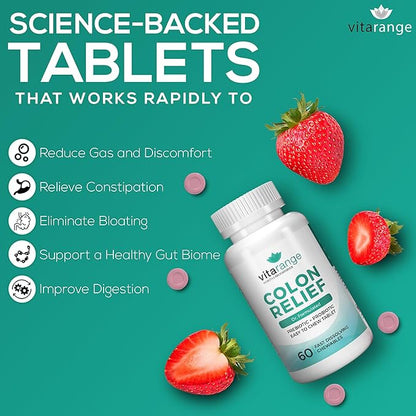 Colon Relief by VitaRange- Fast Constipation and Bloating Relief with Sunfiber Prebiotic Fiber and Pre + Probiotics for Digestive Health - 60 Chewable Strawberry Tablets – Doctor Formulated Probiotics