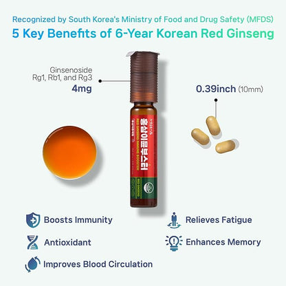Korean Red Ginseng Immune Drink Booster - 7 Serving Vials with 12 Multivitamins, Including Zinc, Vitamin C, Iron, Niacin & 20g Ginseng Extract | Drinkable Supplement for Immunity