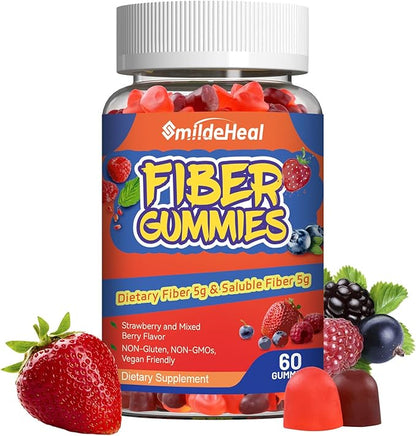 Fiber Gummies, Dietary Fiber, Soluble Fiber, for Women and Men, Gut Health Support, Non-GMOs, Non-Gluten, Vegan, Mixed Berry and Strawberry Flavor, 60 Count Gummies