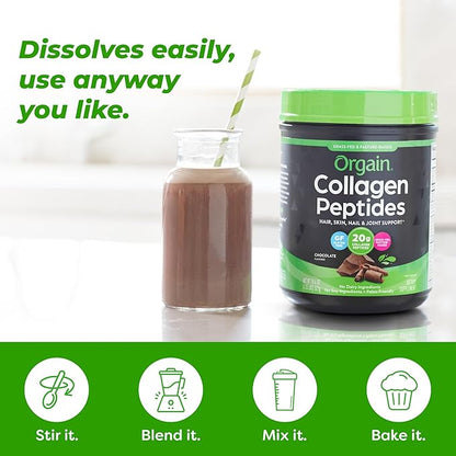 Orgain Hydrolyzed Collagen Peptides Powder For Women & Men, Chocolate, 20g Grass Fed Collagen - Hair, Skin, Nail, & Joint Support Supplement, Paleo & Keto, Non-GMO, Type I and III, 1lb