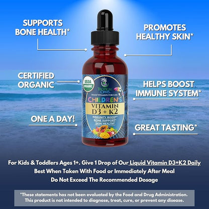 USDA Organic Vitamin D3 K2 Liquid Drops | Vitamin D3 K2 Supplement for Kids & Toddlers Ages 1+ | Kids Supplement for Calcium Absorption Strong Bones | Vegan, Non-GMO | 2 Fl Oz