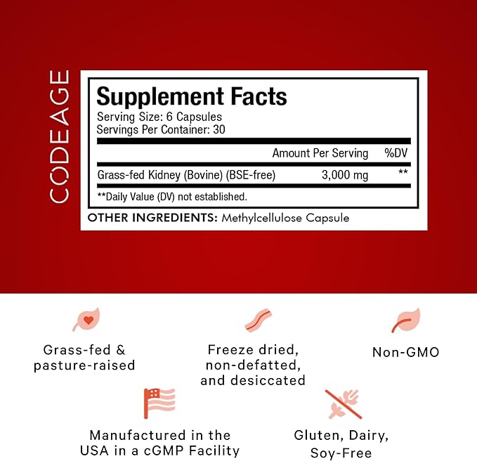Codeage Grass Fed Beef Kidney Supplement - Freeze Dried, Non-Defatted, Desiccated Beef Kidney Glandulars Nutrition Bovine Pills – Pasture Raised Beef Vitamins for Kidney - Non-GMO -180 Capsules
