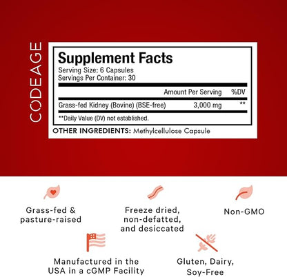 Codeage Grass Fed Beef Kidney Supplement - Freeze Dried, Non-Defatted, Desiccated Beef Kidney Glandulars Nutrition Bovine Pills – Pasture Raised Beef Vitamins for Kidney - Non-GMO -180 Capsules