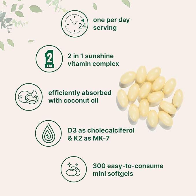 Vitamin D3 2,000 iu Plus K2 (MK-7) 50 mcg, 300 Virgin Coconut Oil Softgels | 2 in 1 Vitamins D & K Complex | Supports Calcium Absorption, Bone, Immune, & Heart Health – Easy to Swallow