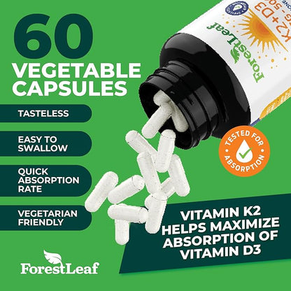 ForestLeaf Vitamin D3 + K2 (MK7) Supplement - MenaQ7 - Calcium and Vitamin D3 5000 IU Max Absorption - Teeth and Bone Strength, Heart Health, Immune System Support - 60 Veggie Capsules