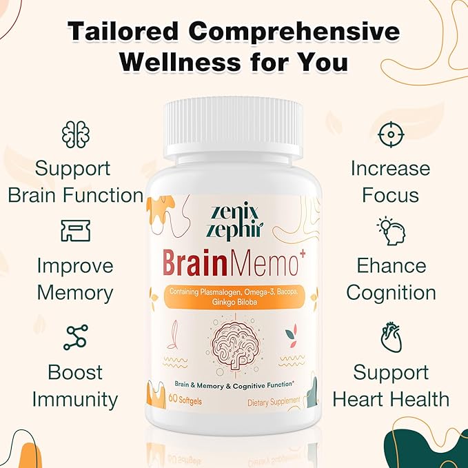 Memory Focus Supplement - Brain Support with Omega-3, Bacopa and Plasmalogens for Enhanced Cognitive Function - Concentration and Memory - Non-GMO, 120 Softgels