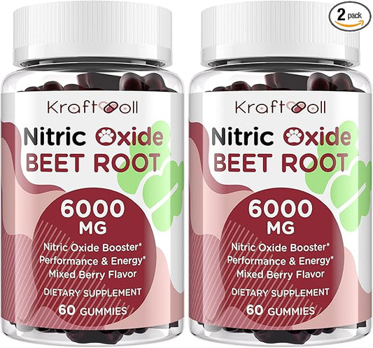 Nitric Oxide Beet Root Gummies 6000MG Supplements, Grapeseed Powder, Pomegranate Powder, Vitamin C and B12 - Beet Chewables Mixed Berry Flavor - 60 Gummies (2 Bottle)