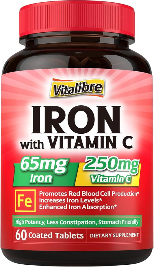 Iron Supplement, 65mg Carbonyl Iron with 250mg Vitamin C, Stomach Friendly Iron Pills for Blood Building Women & Men, High Absorption, No Nausea, No Constipation, Non-GMO, No Gluten, 60 Vegan Tabs