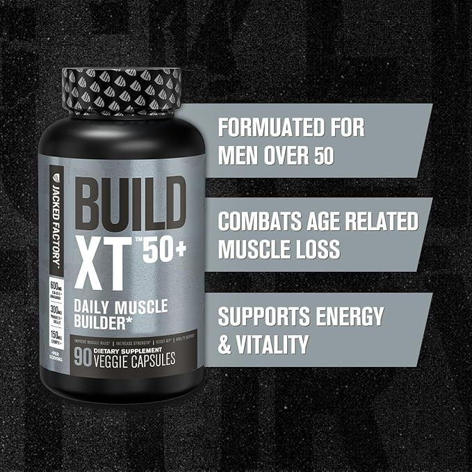 Jacked Factory Build-XT 50+ Daily Muscle Builder - Muscle Recovery Supplement & Muscle Builder for Men and Women with KSM-66 Ashwagandha, Primavie Shilajit, ElevATP, & Astragin - 90 Count