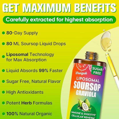 Soursop Bitters Liquid 880MG, Soursop Multivitamin Liquid Drops with Soursop Leaves Herbal Blend, for Cell Support & Regeneration, Immunity, Liver, Gut, Zzz & Antioxidant - 240 Days Supply