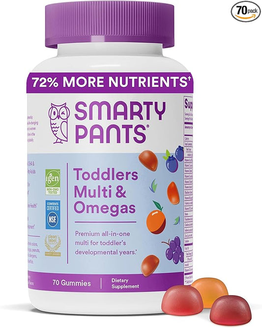 SmartyPants Toddler Multivitamin Gummies: Omega 3 Fish Oil (EPA/DHA), Vitamin D3, C, Vitamin B12, B6, Vitamin A, K & Zinc, Beta Carotene, Gluten Free, Three Fruit Flavors, 70 Count (23 Day Supply)