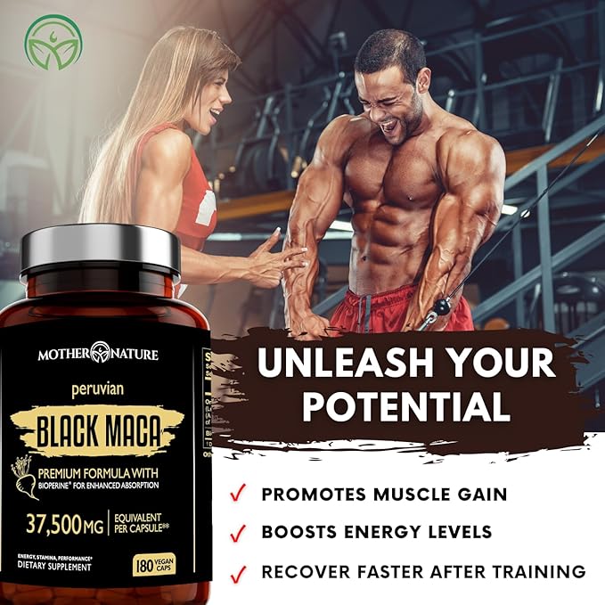 Mother Nature Black Maca Root Capsules – 50:1 37,500mg Peruvian Black Maca Root for Men, Women with Bioperine – Maca Root Capsules to Boost Stamina, Performance, Energy, Muscle Gain – 180-Count
