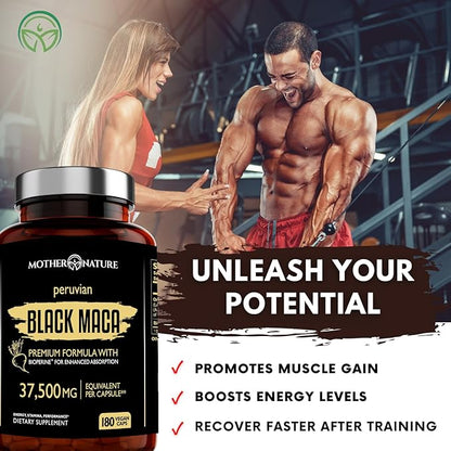 Mother Nature Black Maca Root Capsules – 50:1 37,500mg Peruvian Black Maca Root for Men, Women with Bioperine – Maca Root Capsules to Boost Stamina, Performance, Energy, Muscle Gain – 180-Count