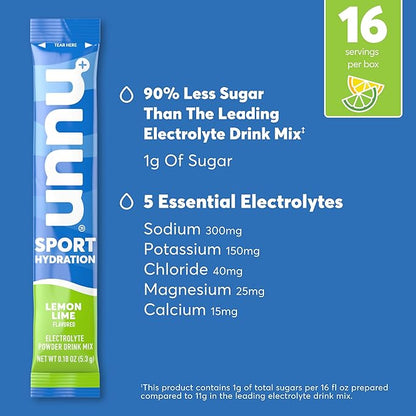 Nuun Sport Electrolyte Powder Packets - Lemon Lime Flavor | 5 Essential Electrolytes for Hydration | Easy Open Drink Mix with Magnesium | 1g Sugar | Non GMO, Vegan | 16 Single Serving Sticks