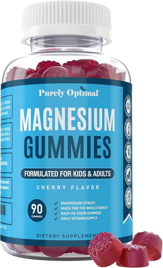 Purely Optimal Premium Magnesium Citrate Gummies for Adults & Kids - Supports Relaxation, Muscle & Nerve Function - Chewable, Non-GMO, Vegan, Gluten-Free - 90 Delicious Gummies