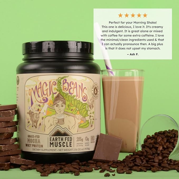 Earth Fed Muscle Magic Beans Mocha Truly Grass Fed Whey Protein Isolate Powder - Non GMO, Hormone Free, Soy Free, Gluten Free, Keto - 2lb, 31 Servings