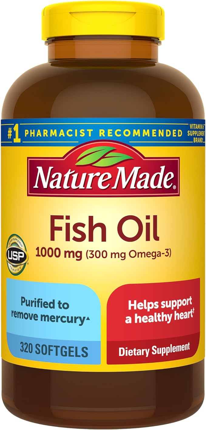 Nature Made Fish Oil 1000 mg Softgels, Fish Oil Supplements, Omega 3 Fish Oil for Healthy Heart Support, Omega 3 Supplement with 320 Softgels, 160 Day Supply