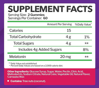 Melatonin 20mg Gummies for Adults (120 Count) - Maximum Strength Sleep Aid with 10mg of Melatonin Per Gummy - Gluten-Free, Non-GMO, Vegetarian, Great Tasting Mixed Berry Flavor - 60 Servings