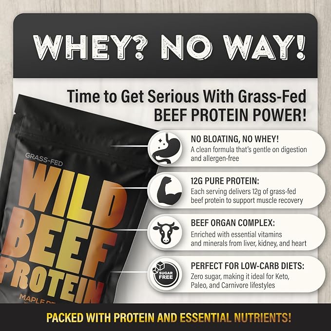Wild Grass Fed Beef Protein Powder with Beef Organs Complex - Sugar Free Protein Shake - Low Carb & Calories - Keto/Paleo/Carnivore Friendly - Whey/Bloating/Lactose Free - Maple Pecan 10oz